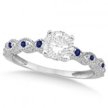 Vintage Diamond & Blue Sapphire Bridal Set 18k White Gold 0.70ct