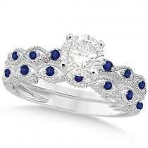 Vintage Lab Grown Diamond & Blue Sapphire Bridal Set Platinum 1.70ct