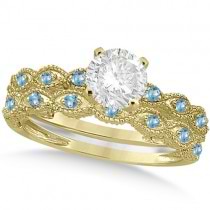 Vintage Diamond & Blue Topaz Bridal Set 18k Yellow Gold 0.70ct