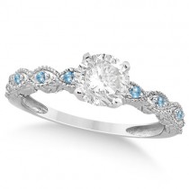 Vintage Lab Grown Diamond & Blue Topaz Bridal Set 14k White Gold 0.95ct