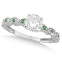 Vintage Diamond & Emerald Bridal Set 14k White Gold 0.70ct