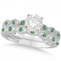 Vintage Diamond & Emerald Bridal Set 14k White Gold 0.95ct