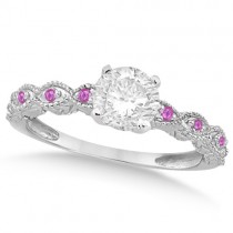 Vintage Lab Grown Diamond & Pink Sapphire Bridal Set Platinum 0.95ct