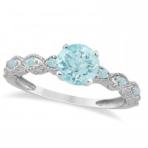 Vintage Aquamarine Engagement Ring Bridal Set 18k White Gold (1.36ct)