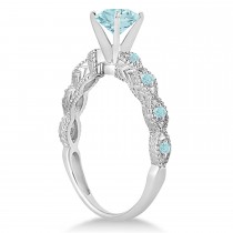 Vintage Aquamarine Engagement Ring Bridal Set 18k White Gold (1.36ct)