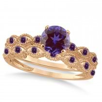 Vintage Alexandrite & Diamond Engagement Ring Bridal Set 18k Rose Gold (1.36ct)