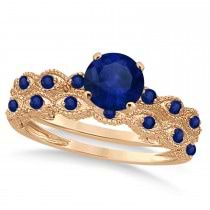 Vintage Blue Sapphire Engagement Ring Bridal Set 14k Rose Gold 1.36ct