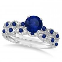 Vintage Blue Sapphire Engagement Ring Bridal Set 14k White Gold 1.36ct