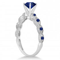 Vintage Blue Sapphire Engagement Ring Bridal Set 14k White Gold 1.36ct