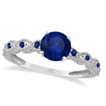 Vintage Blue Sapphire Engagement Ring Bridal Set 18k White Gold 1.36ct