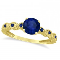Vintage Blue Sapphire Engagement Ring Bridal Set 18k Yellow Gold 1.36ct