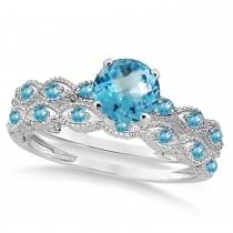 Vintage Blue Topaz Engagement Ring Bridal Set 14k White Gold 1.36ct
