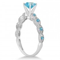 Vintage Blue Topaz Engagement Ring Bridal Set 14k White Gold 1.36ct