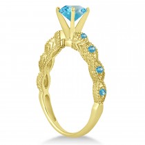 Vintage Blue Topaz Engagement Ring Bridal Set 18k Yellow Gold 1.36ct