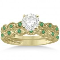 Antique Emerald Engagement Ring & Wedding Band 14k Yellow Gold (0.36ct)