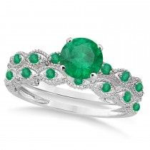 Vintage Emerald Engagement Ring Bridal Set 18k White Gold 1.36ct