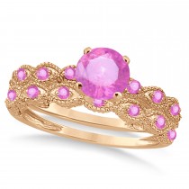Vintage Pink Sapphire Engagement Ring Bridal Set 14k Rose Gold 1.36ct