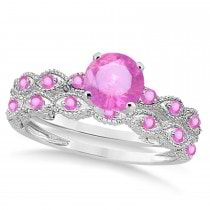 Vintage Pink Sapphire Engagement Ring Bridal Set Palladium 1.36ct