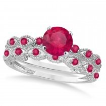 Vintage Style Ruby Engagement Ring Bridal Set 18k White Gold 1.36ct