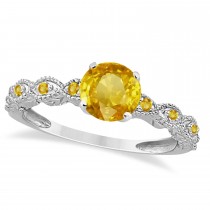 Vintage Yellow Sapphire Engagement Ring Bridal Set 14k W. Gold 1.36ct