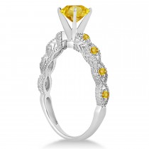 Vintage Yellow Sapphire Engagement Ring Bridal Set 18k White Gold 1.36ct