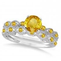 Vintage Yellow Sapphire Engagement Ring Bridal Set Palladium 1.36ct