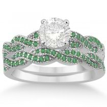 Infinity Style Twisted Emerald Bridal Set Setting 14k W Gold (0.55ct)
