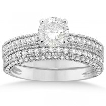 Vintage Heirloom Round-Cut Diamond Bridal Set 14k White Gold (1.32ct)