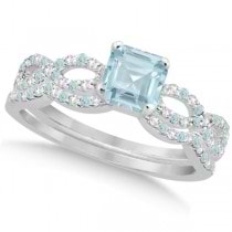 Aquamarine & Diamond Princess Infinity Bridal Set 14k W. Gold 1.74ct