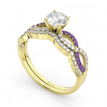Infinity Diamond & Amethyst Engagement Ring Set 18k Yellow Gold 0.34ct