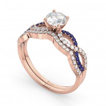 Infinity Diamond & Blue Sapphire Bridal Set 14k Rose Gold 0.34ct