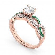 Infinity Diamond & Emerald Engagement Ring Set 14k Rose Gold 0.34ct