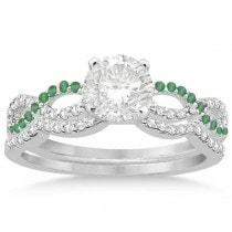 Infinity Diamond & Emerald Engagement Ring Set 14k White Gold 0.34ct