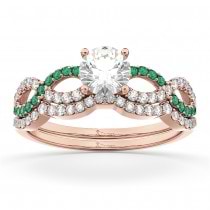 Infinity Diamond & Emerald Engagement Ring Set 18k Rose Gold 0.34ct