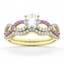 Infinity Diamond & Pink Sapphire Bridal Set in 14K Yellow Gold 0.34ct