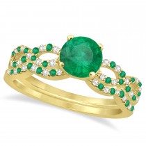 Infinity Style Emerald & Diamond Bridal Set 14k Yellow Gold 0.85ct