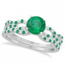 Infinity Style Emerald & Diamond Bridal Set 18k White Gold 0.85ct