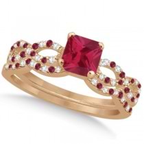 Ruby & Diamond Princess Infinity Heart Bridal Set 14k Rose Gold 1.75ct