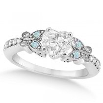 Heart Diamond & Aquamarine Butterfly Engagement Ring 14k W Gold 1.50ct