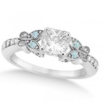Princess Diamond & Aquamarine Butterfly Engagement Ring 14k W Gold 0.50ct