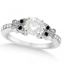 Round Black & White Diamond Butterfly Engagement Ring 14k W Gold 1.00ct