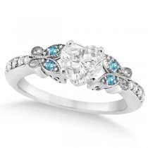 Heart Diamond & Blue Topaz Butterfly Engagement Ring 14k W Gold 0.50ct