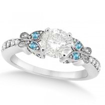 Round Diamond & Blue Topaz Butterfly Engagement Ring in 14k W Gold 1.00ct