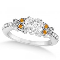 Heart Diamond & Citrine Butterfly Engagement Ring 14k W Gold 0.75ct