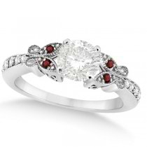 Round Diamond & Garnet Butterfly Engagement Ring in 14k W Gold (1.00ct)