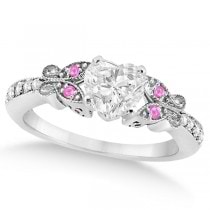 Heart Diamond & Pink Sapphire Butterfly Engagement Ring 14k W Gold 1.50ct