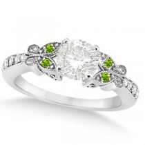 Round Diamond & Peridot Butterfly Engagement Ring in 14k W Gold 1.00ct