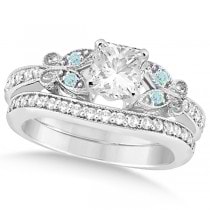 Princess Diamond & Aquamarine Butterfly Bridal Set 14k W Gold (1.21ct)
