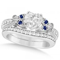 Heart Diamond & Blue Sapphire Butterfly Bridal Set in 14k W Gold (0.71ct)