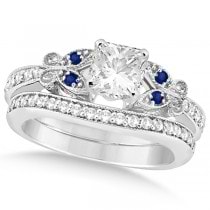 Princess Diamond & Blue Sapphire Butterfly Bridal Set in 14k W Gold (0.96ct)